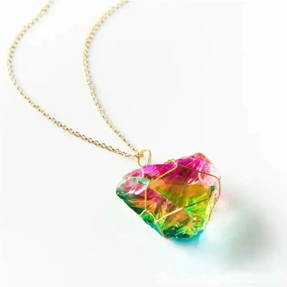 NEW! Wrapped Wire Raw Rainbow Quartz Crystal Pendant Necklace - Picture 4 of 7